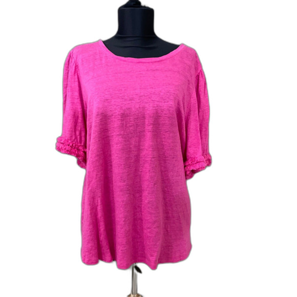 Chico’s  Blouse Top 100% Linen women’s size XL Round Neck Ruffle Short Sleeve - Picture 1 of 9